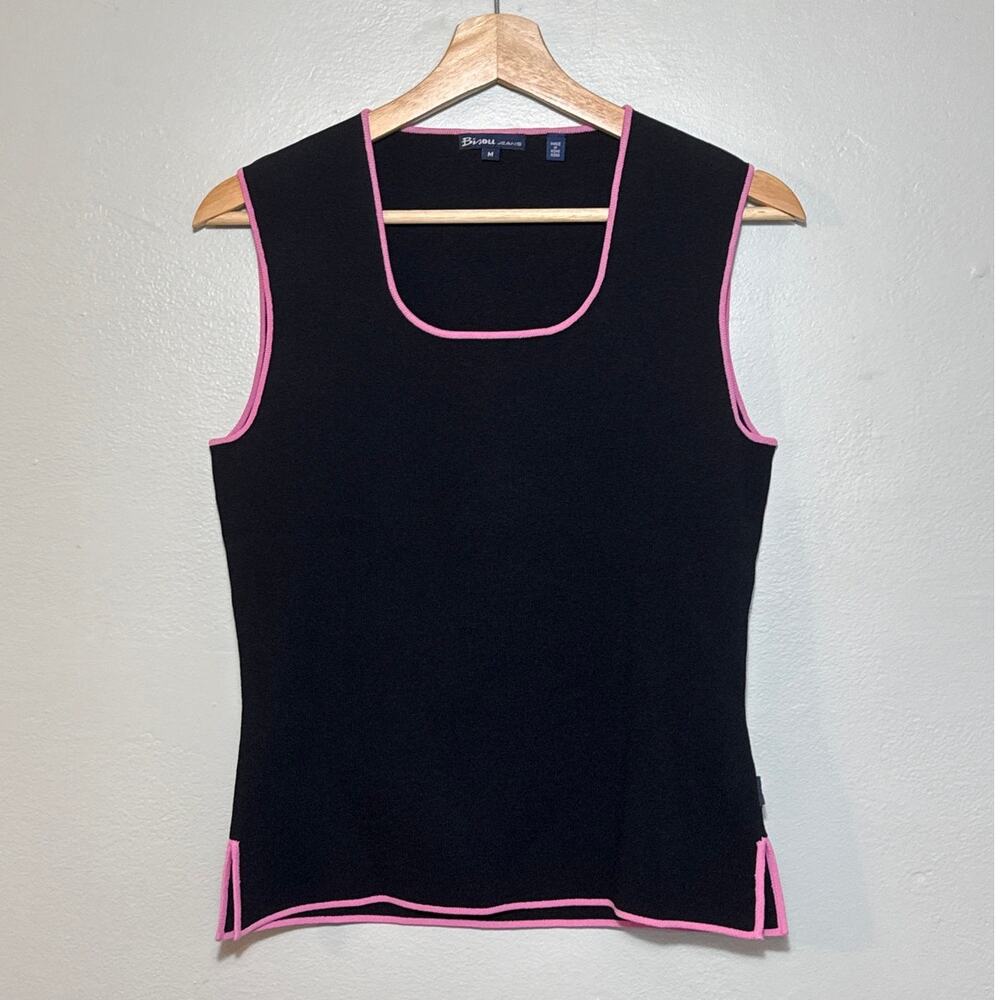 Women's Size M Y2K Bisou Jeans Black Scoop Neck Tank Top Pink Contrast Stitching